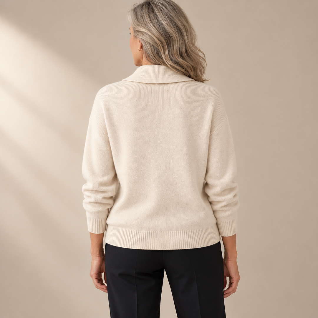 Elise cream jumper, back view on mature model