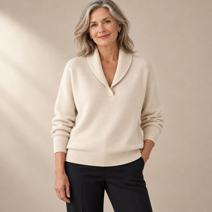 Elise cream jumper, front view on mature model