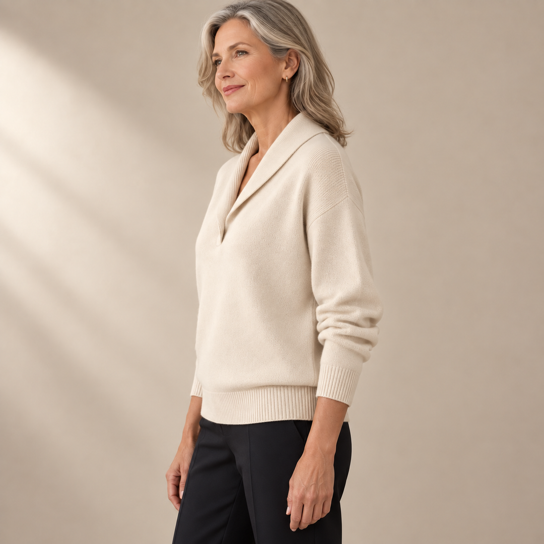 Elise cream jumper, side view on mature model