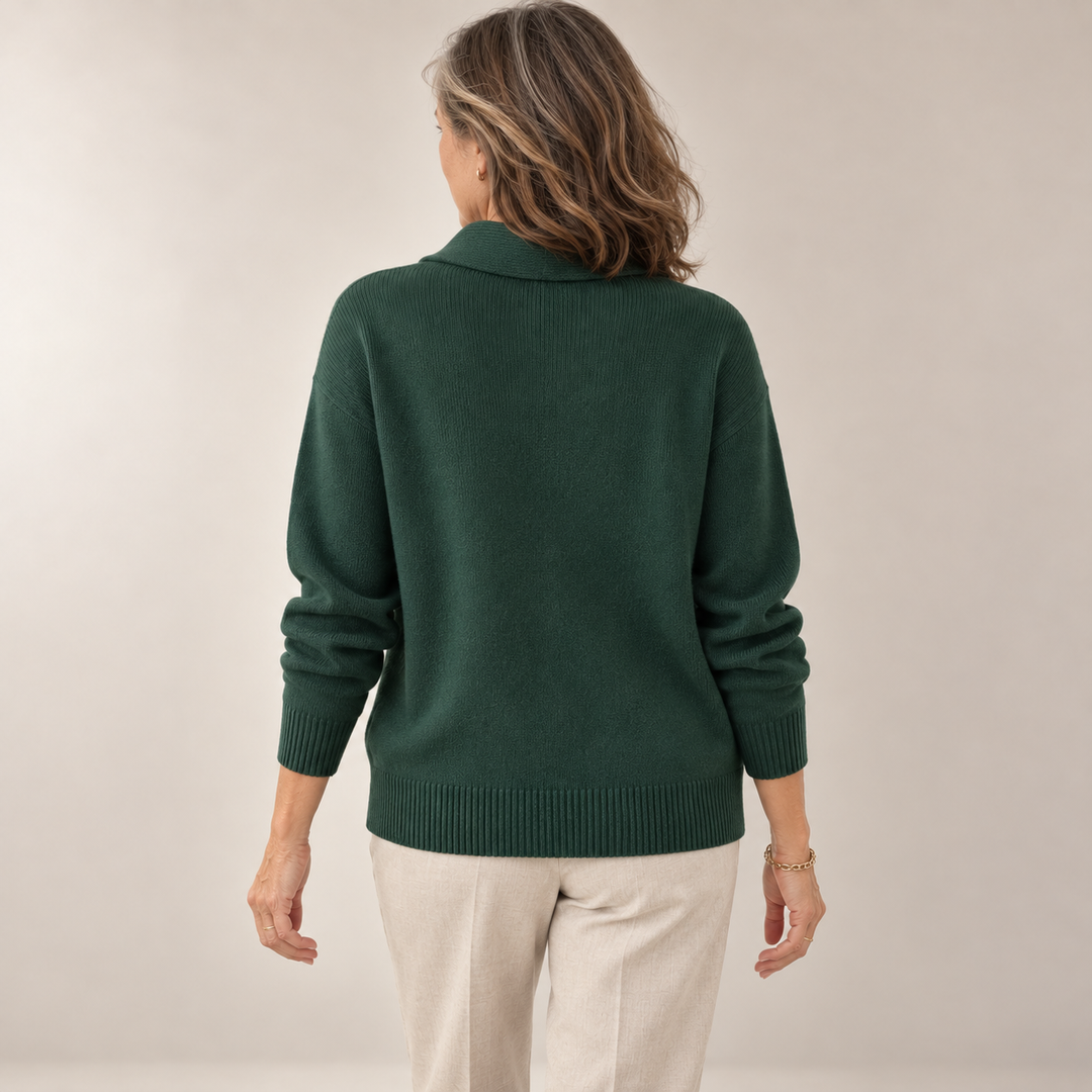 Elise forest green jumper, back view on mature model