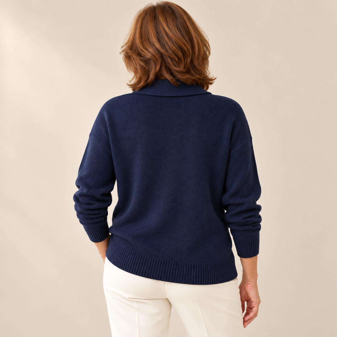 Elise navy jumper, back view on mature model