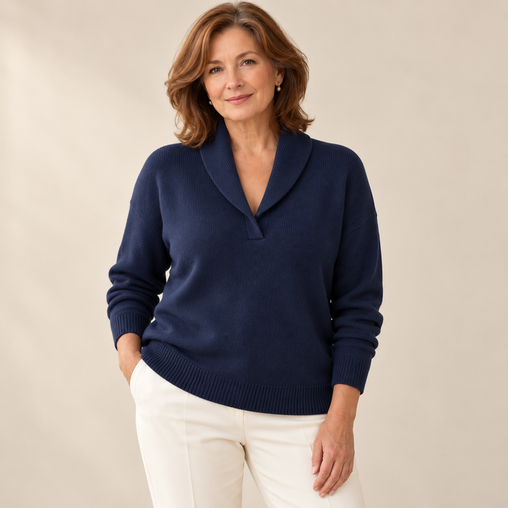 Elise navy jumper, front view on mature model