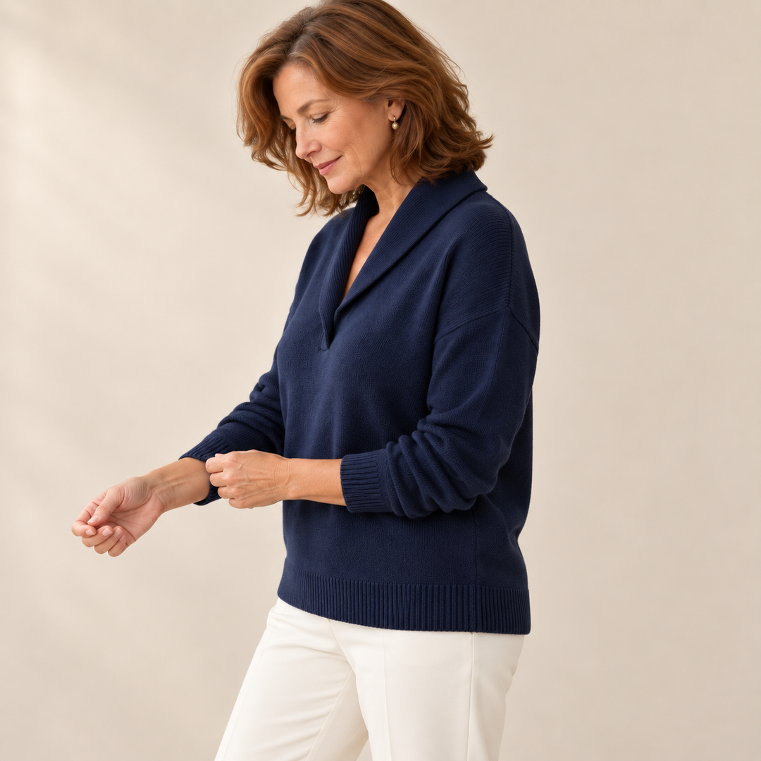 Elise navy jumper, side view on mature model
