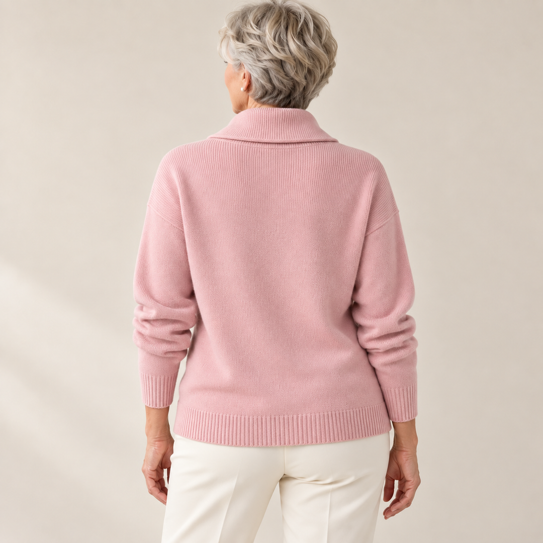Elise pink jumper, back view on mature model