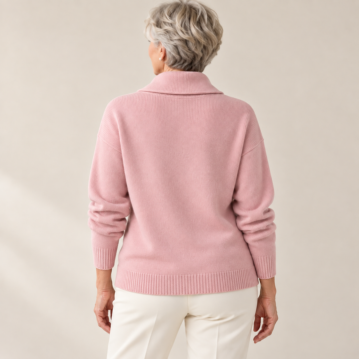 Elise pink jumper, back view on mature model