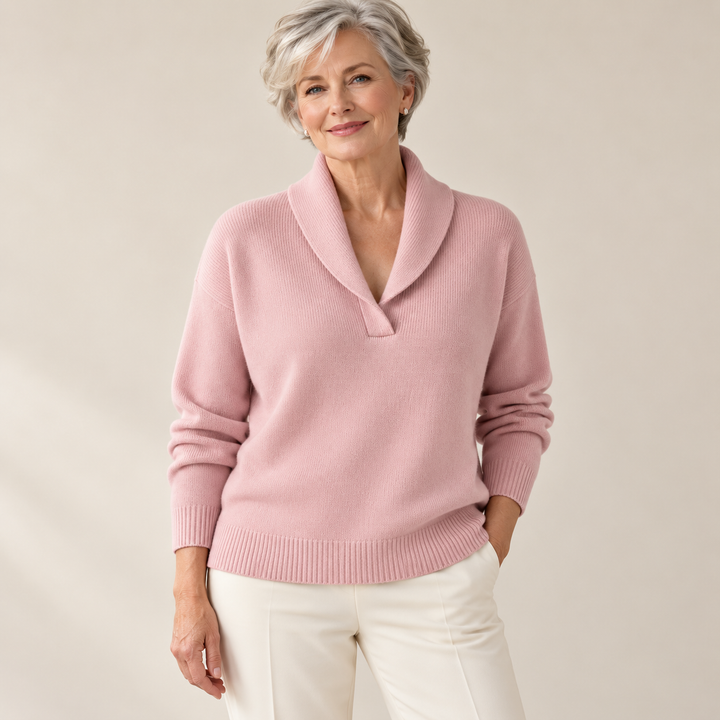 Elise pink jumper, front view on mature model
