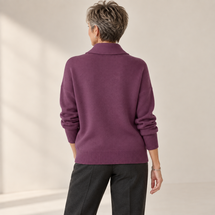Elise plum jumper, back view on mature model