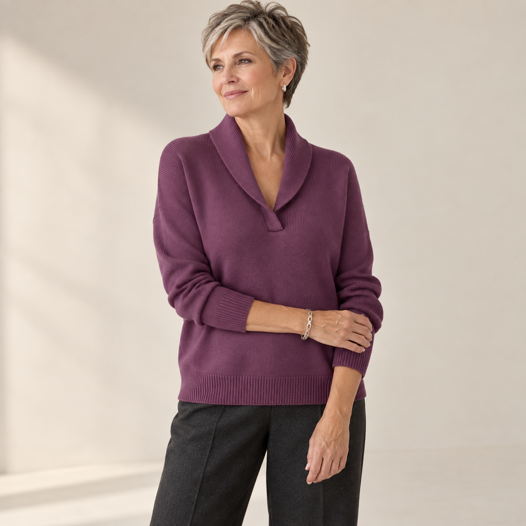 Elise plum jumper, front view on mature model