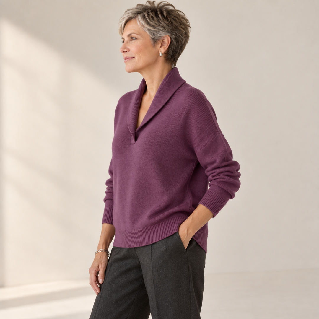 Elise plum jumper, side view on mature model