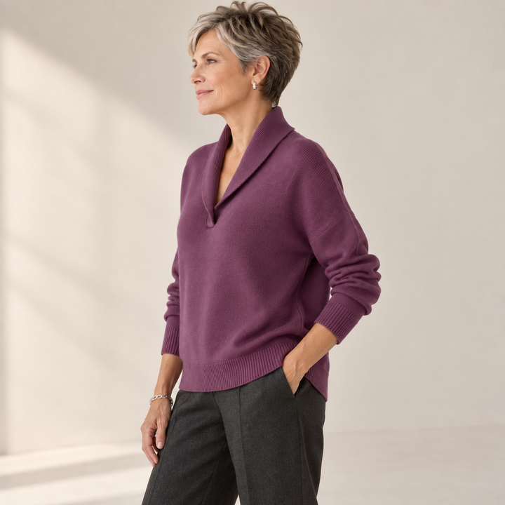 Elise plum jumper, side view on mature model
