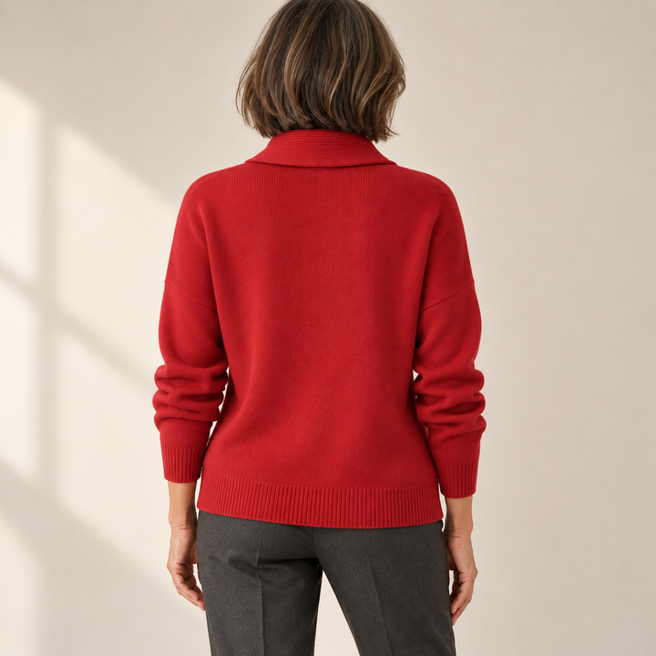 Elise red jumper, back view on mature model