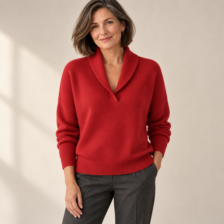 Elise red jumper, front view on mature model