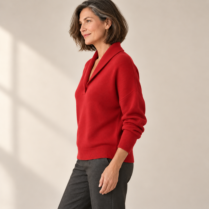 Elise red jumper, side view on mature model
