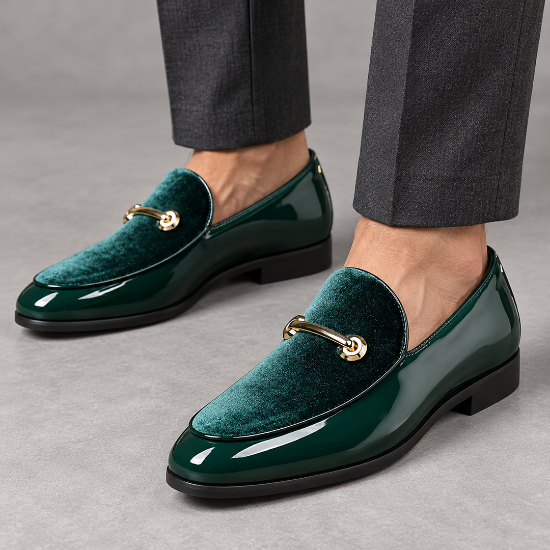 Garrett Green loafers worn, cropped ankle studio view