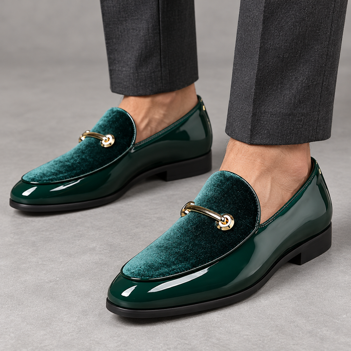 Garrett Green loafers worn, cropped ankle studio view