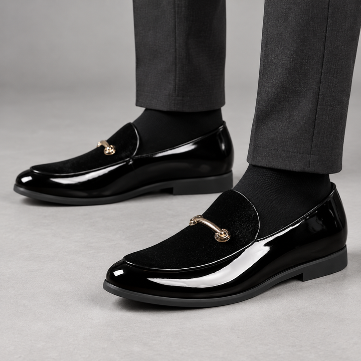 Garrett Black loafers worn, cropped ankle studio view