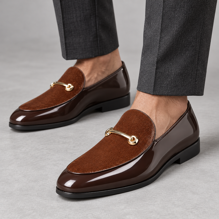 Garrett Brown loafers worn, cropped ankle studio view
