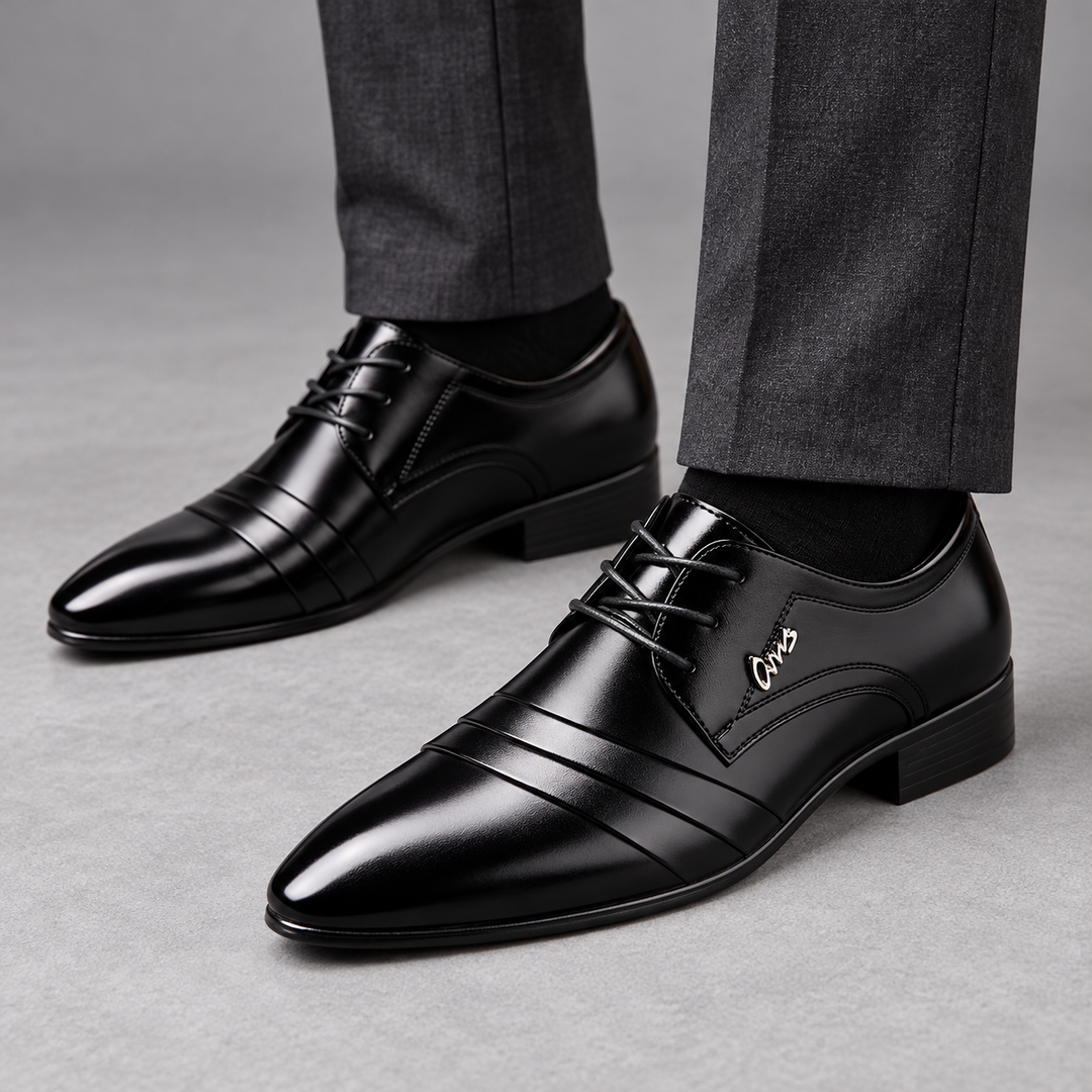 Alastair Black dress shoes worn, cropped ankle studio view