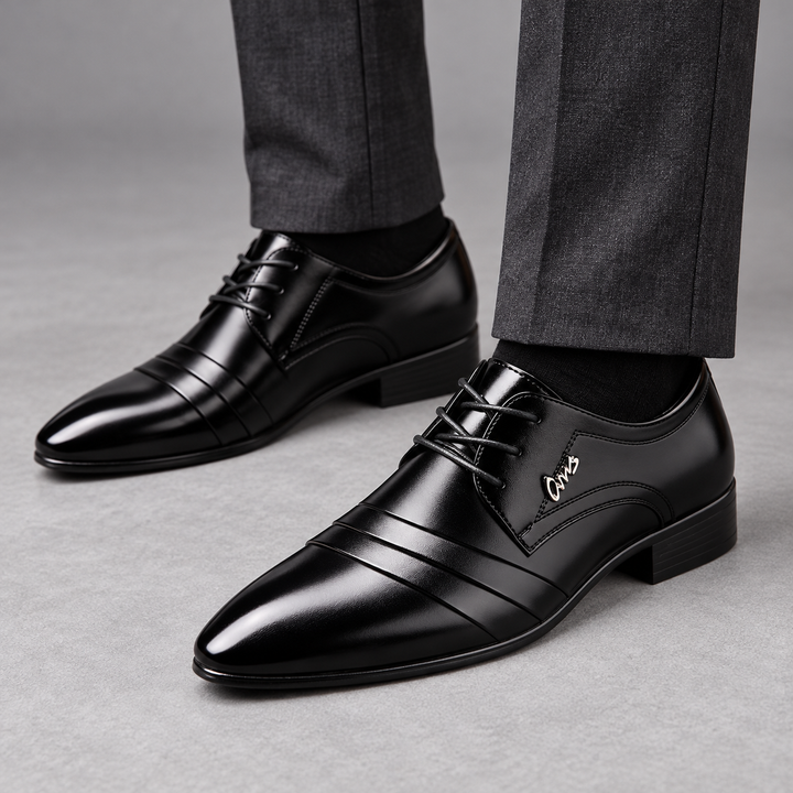 Alastair Black dress shoes worn, cropped ankle studio view