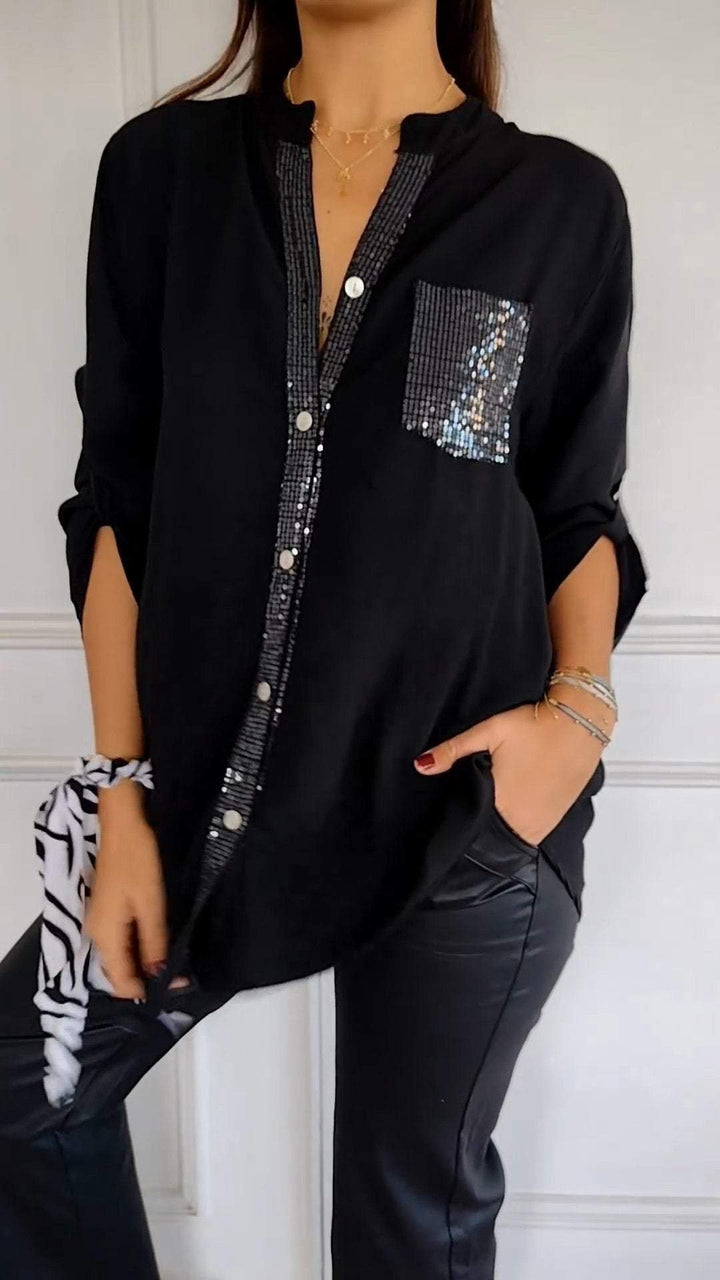 VERITY SEQUIN TRIM BUTTON-UP SHIRT