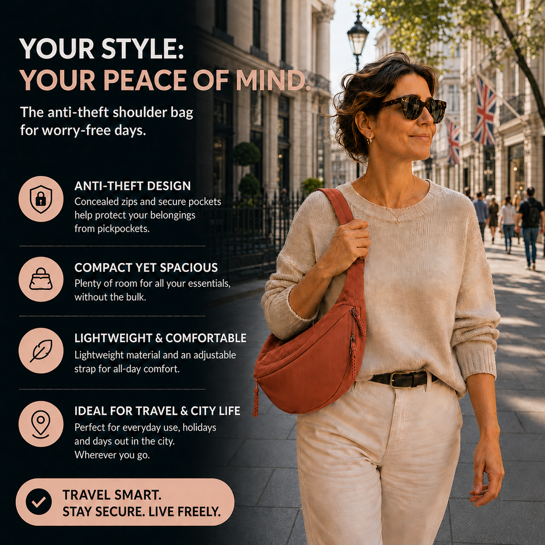 Georgia orange shoulder bag anti-theft features infographic