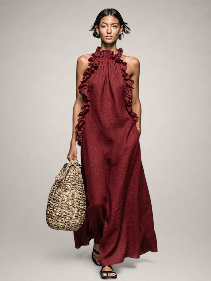 Helene | Sleeveless Linen Maxi Dress with Ruffles