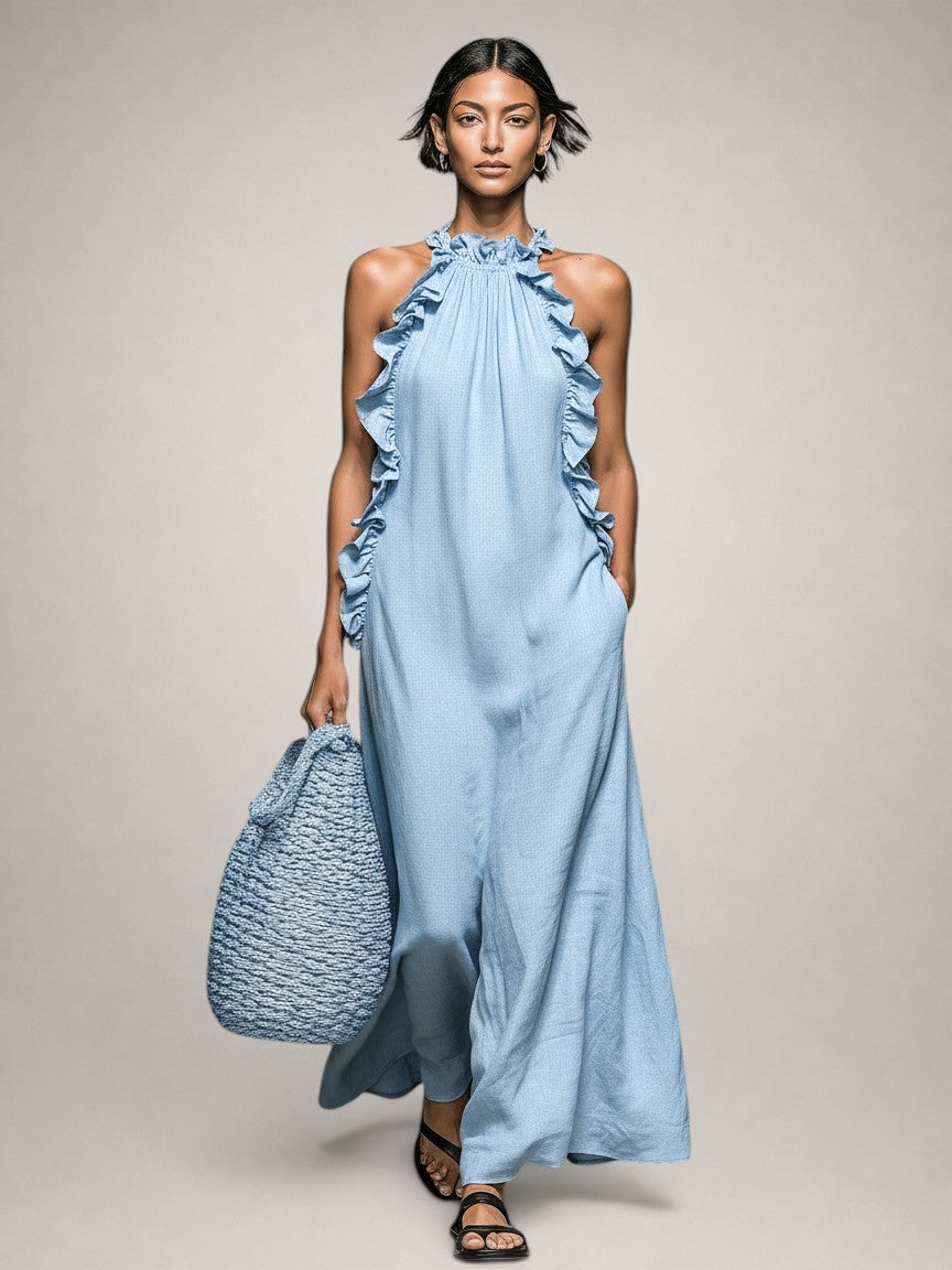 Helene | Sleeveless Linen Maxi Dress with Ruffles
