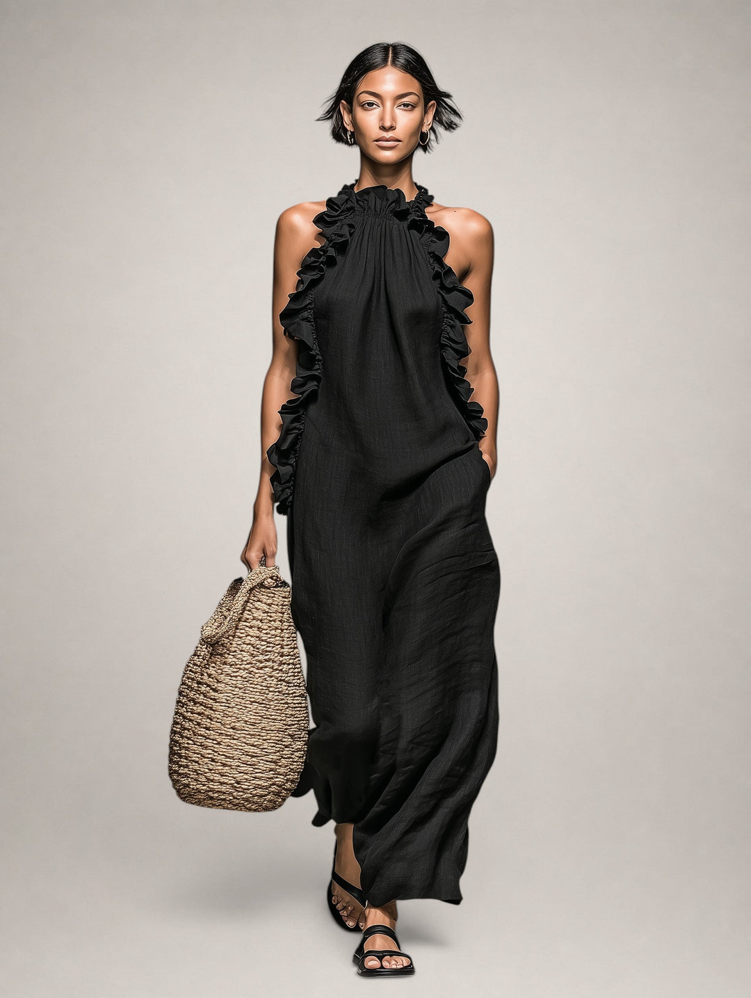 Helene | Sleeveless Linen Maxi Dress with Ruffles