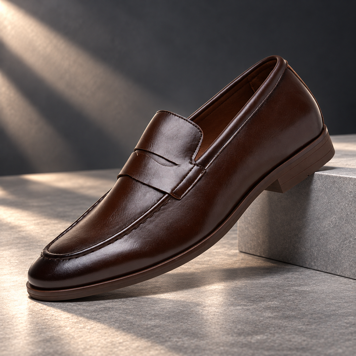 Hendrix Soft-Sole Leather Penny Loafers in a charcoal stone studio