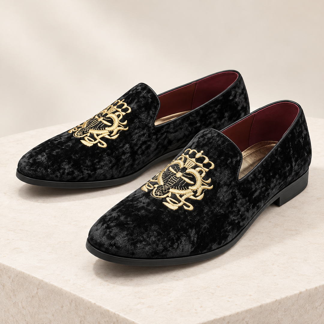 Hugo black velvet loafers pair, front three-quarter studio view