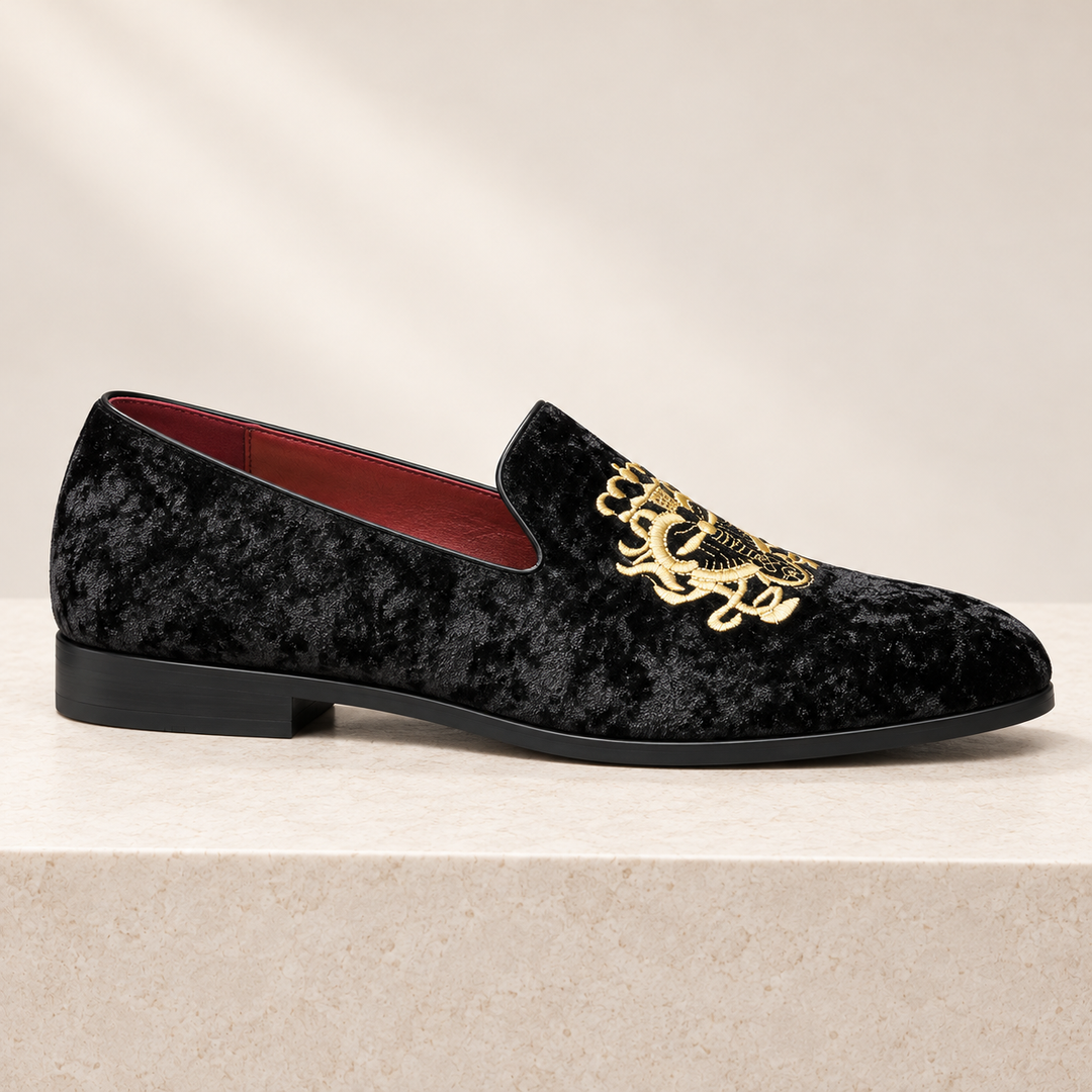 Hugo black velvet loafer, side-profile studio view