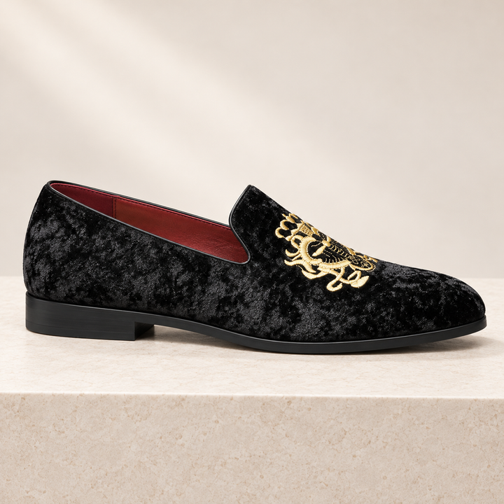 Hugo black velvet loafer, side-profile studio view