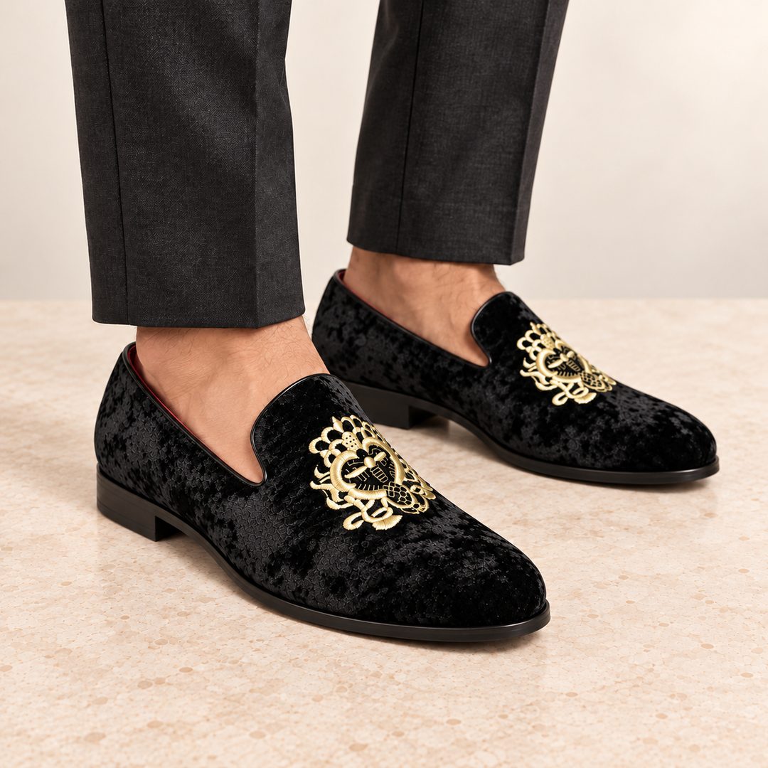 Hugo black velvet loafers worn, cropped studio view