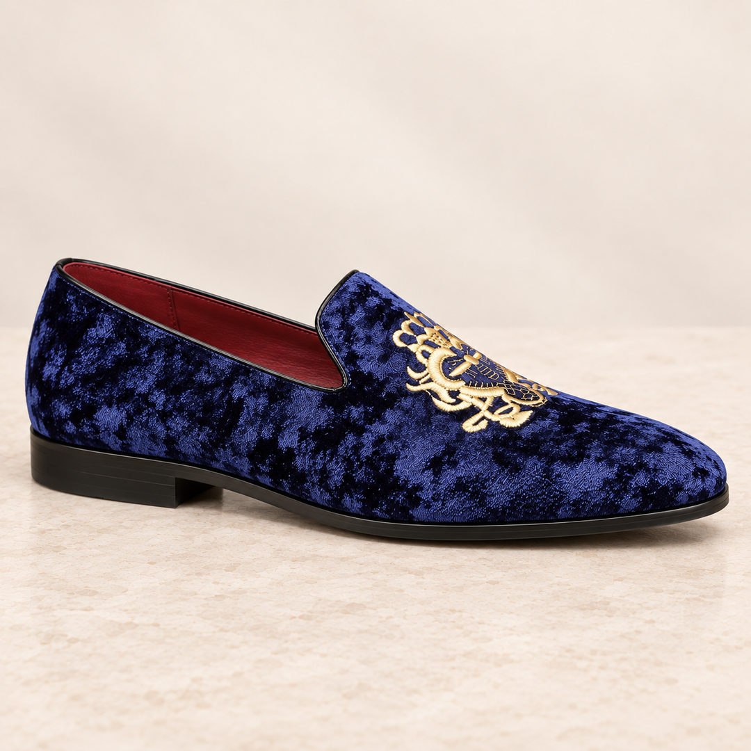 Hugo royal blue velvet loafer, side-profile studio view