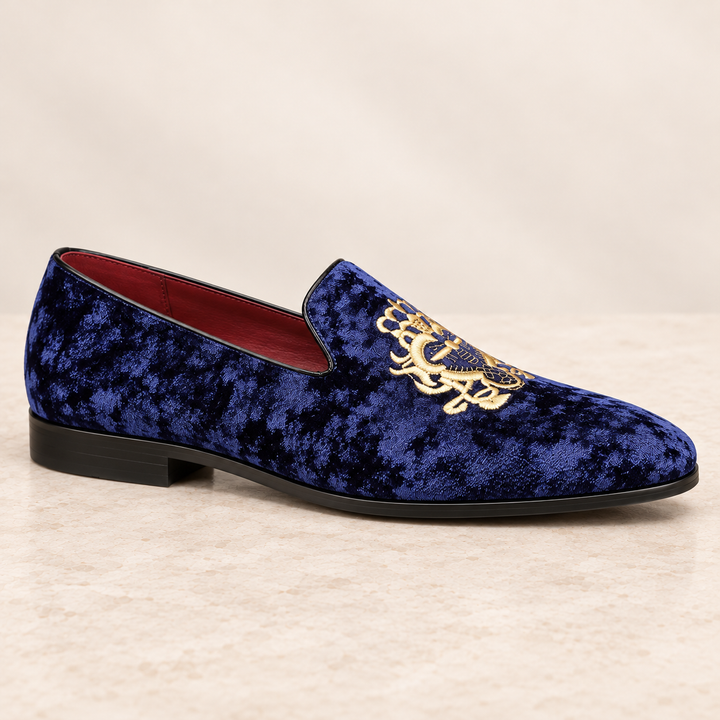 Hugo royal blue velvet loafer, side-profile studio view