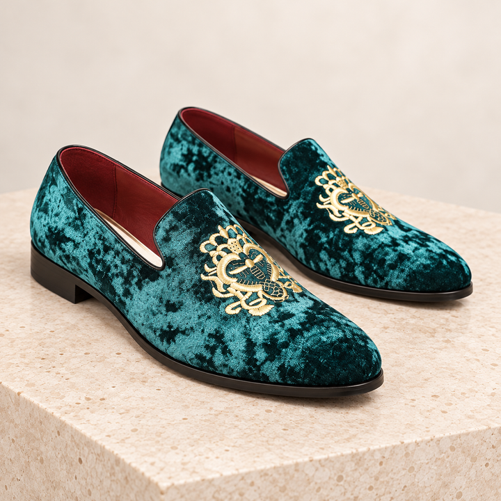 Hugo teal green velvet loafers pair, front three-quarter studio view