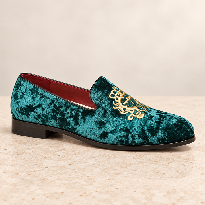 Hugo teal green velvet loafer, side-profile studio view