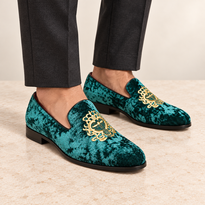 Hugo teal green velvet loafers worn, cropped studio view