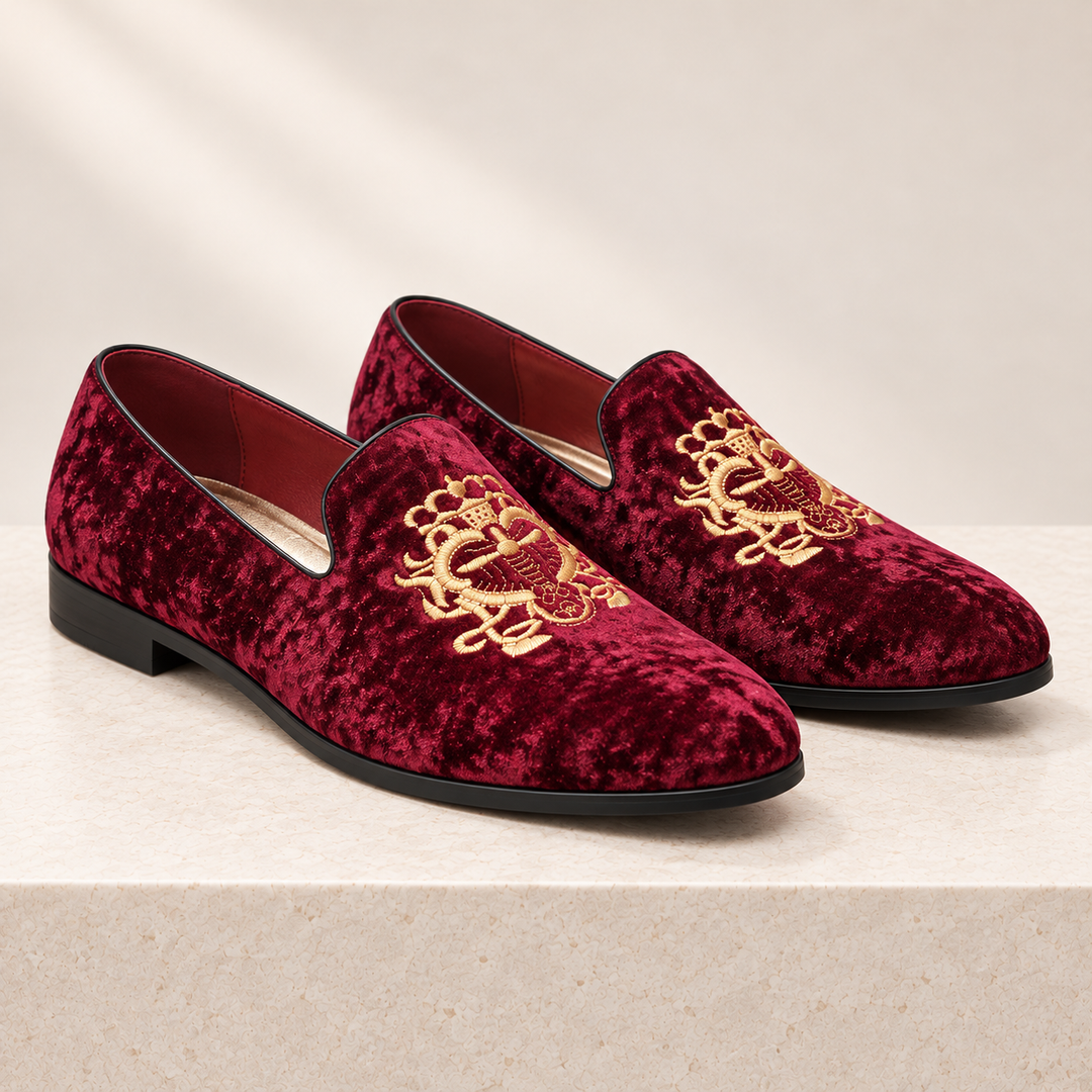 Hugo burgundy velvet loafers pair, front three-quarter studio view