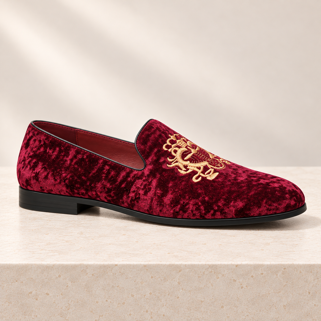 Hugo burgundy velvet loafer, side-profile studio view
