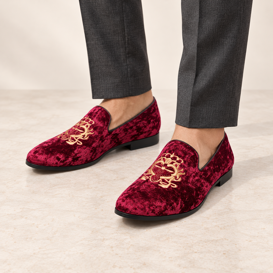 Hugo burgundy velvet loafers worn, cropped studio view