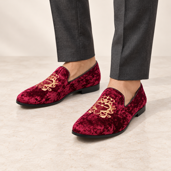 Hugo burgundy velvet loafers worn, cropped studio view