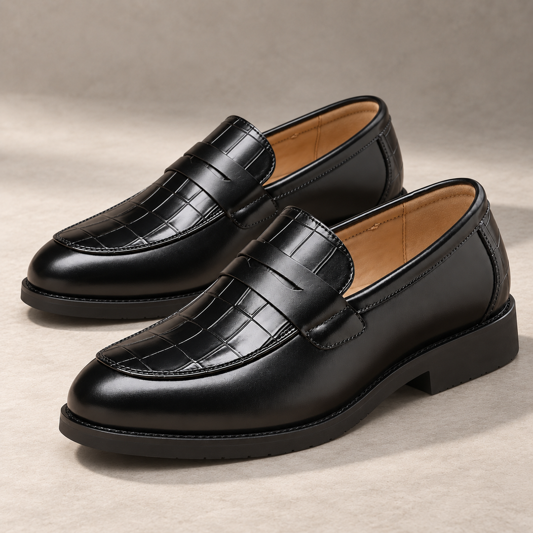 Pain-Free Comfort Orthopedic Loafers — Kensington Croc-Embossed – men's loafer in a refined shadow stone studio setting