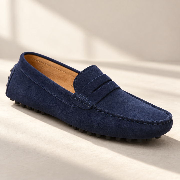 Lucca loafers in navy blue, studio view.