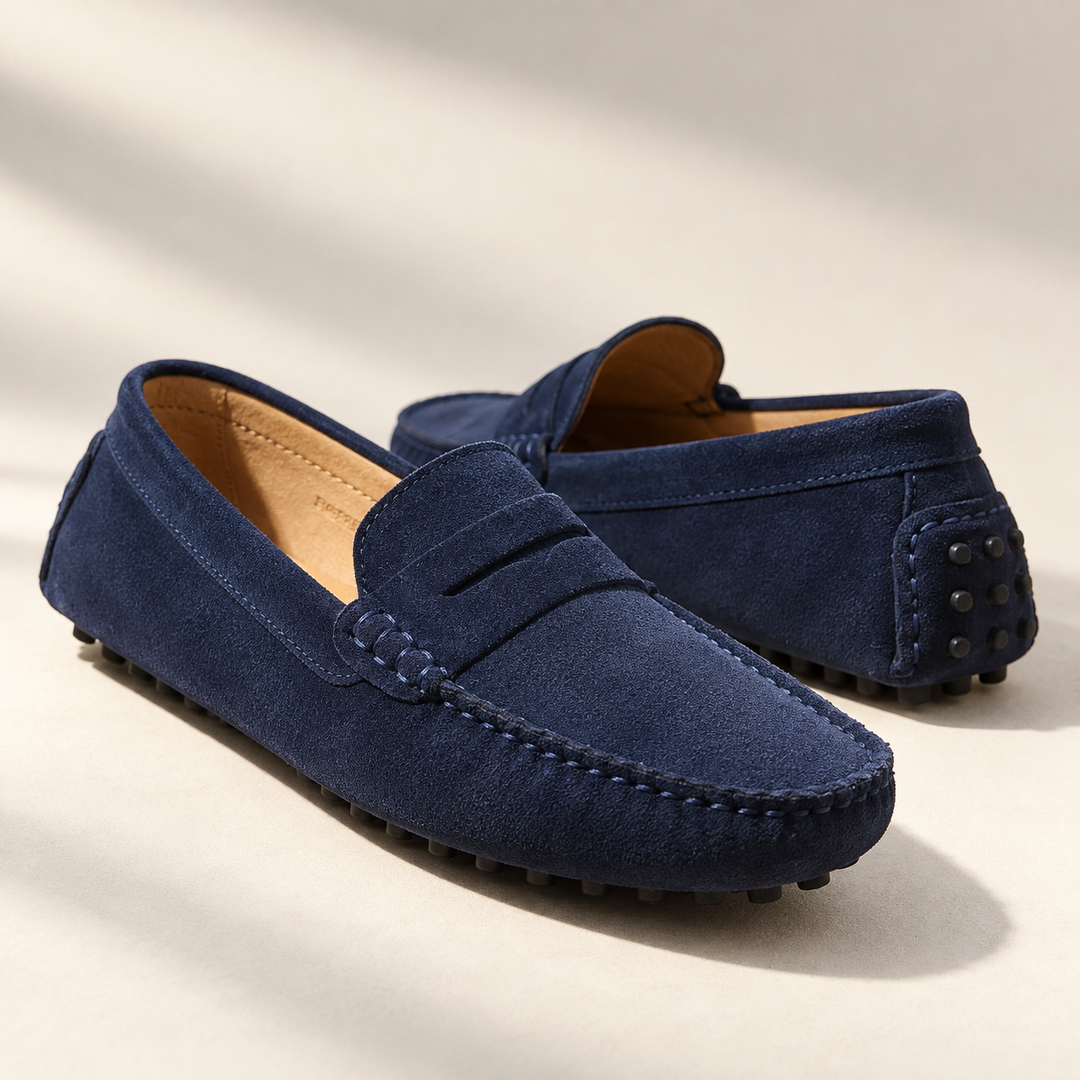 Lucca loafers in navy blue, additional product angle.
