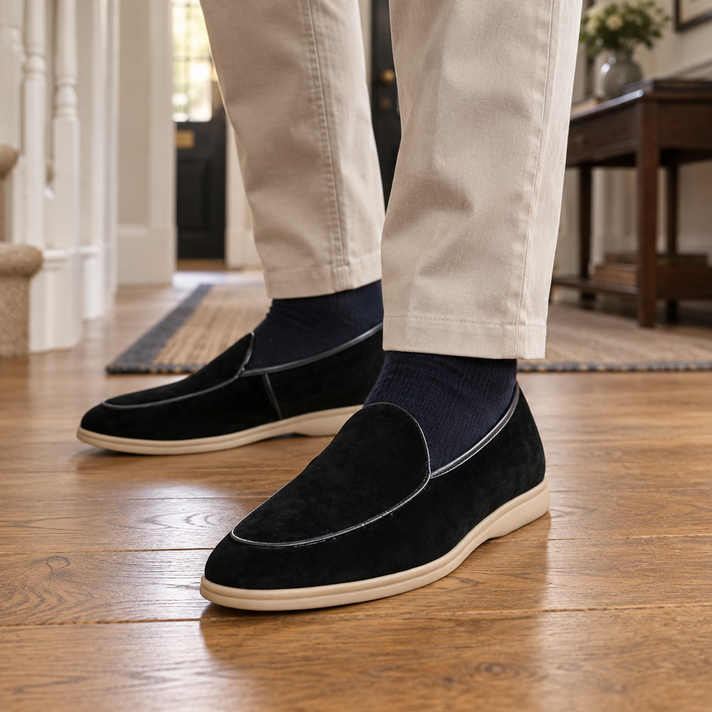 Lucien black breathable comfort loafers worn with stone chinos