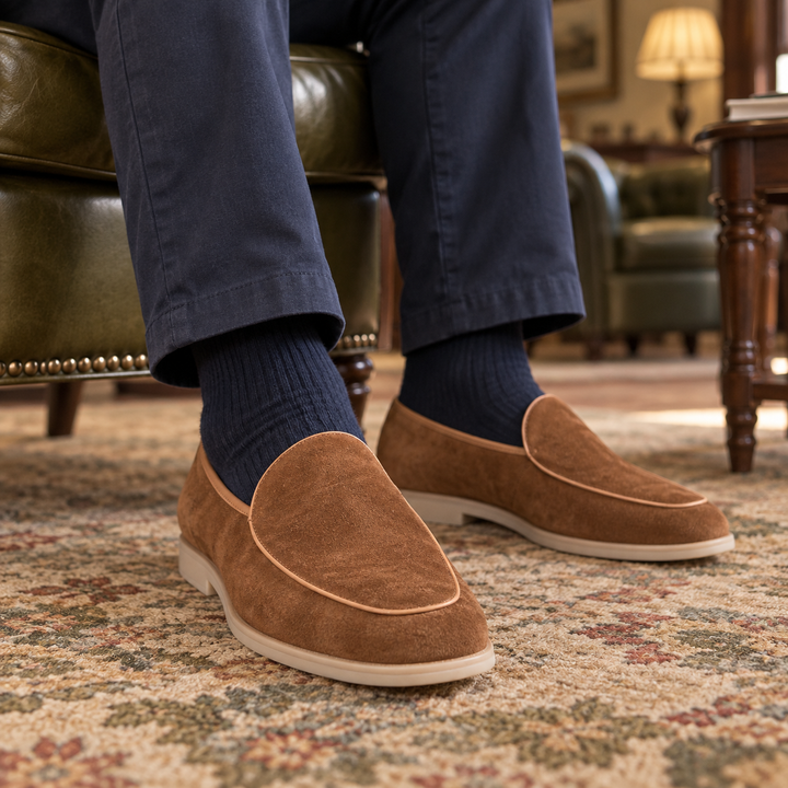 Lucien brown breathable comfort loafers worn with navy chinos