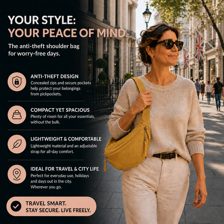 Lucy ochre shoulder bag anti-theft features infographic