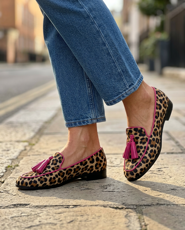 Fiamma Leopard Loafers with Fuchsia Trim & Tassels