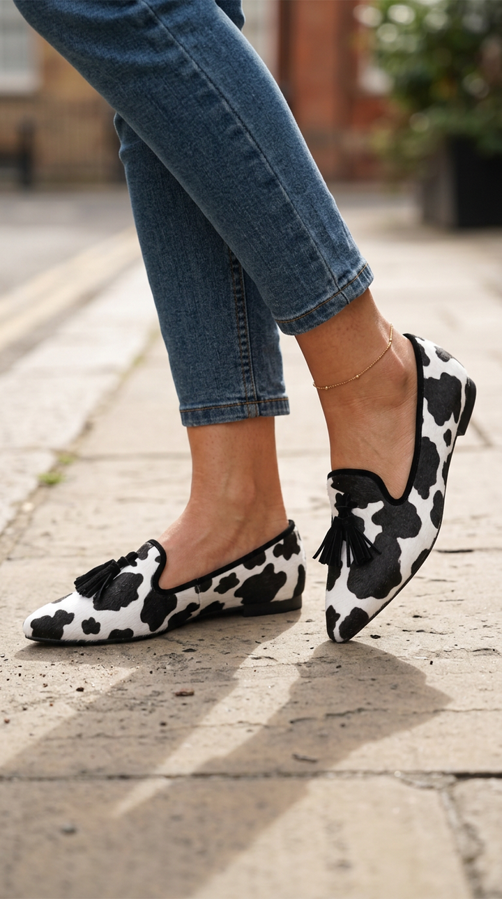 Ginevra Black & White Cow-Print Loafers with Black Tassels